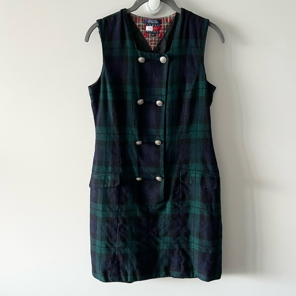 Tommy Hilfiger Vintage Plaid Wool Sheath Dress Green Sleeveless B - Picture 1 of 11
